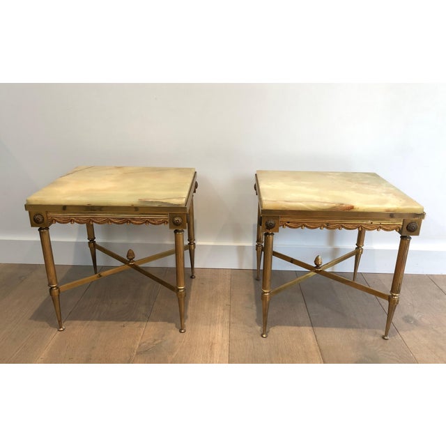 1940s Pair of Neoclassical Style Square Brass Side Tables with Onyx Top For Sale - Image 12 of 12