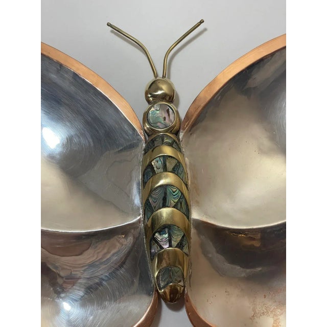 Los Castillo Mid Century Los Castillo Style Butterfly Tray Abalone Mixed Metals Brass Copper Silver For Sale - Image 4 of 12