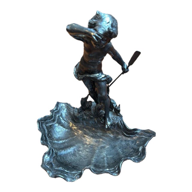Vintage Metal Boy With Oar Shell Trinket Dish Figurine For Sale
