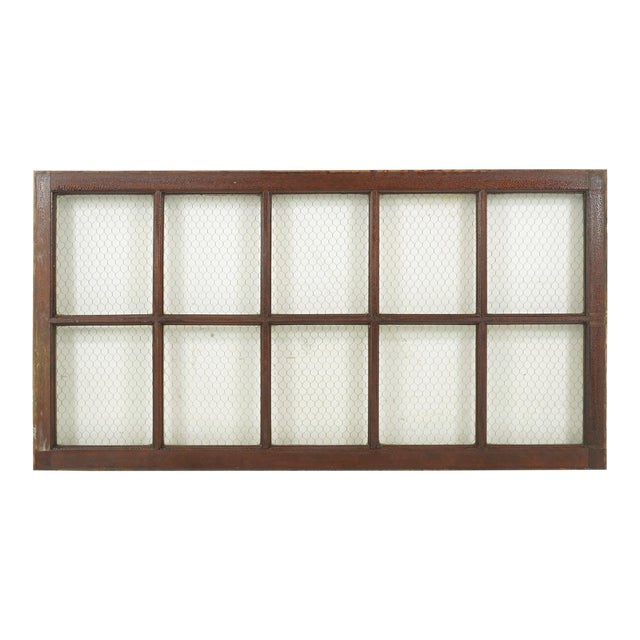 Vintage 10 Chicken Wire Glass Pane Wood Transom Window 61 X 32 In. For Sale