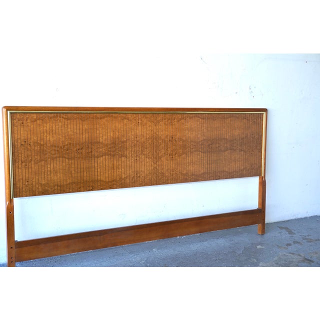Drexel Mid-Century Modern Headboard in Burl Wood, Solid Oak, and Brass Vintage Drexel Headboard in solid oak featuring a...