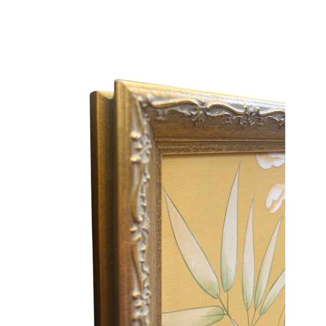 Gracie Bird on Branch on Golden Silk Painting. For Sale - Image 4 of 9
