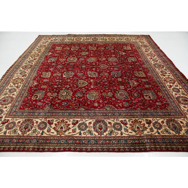 1960s Vintage Tabriz Square Wool Rug With Floral Motif For Sale - Image 9 of 10