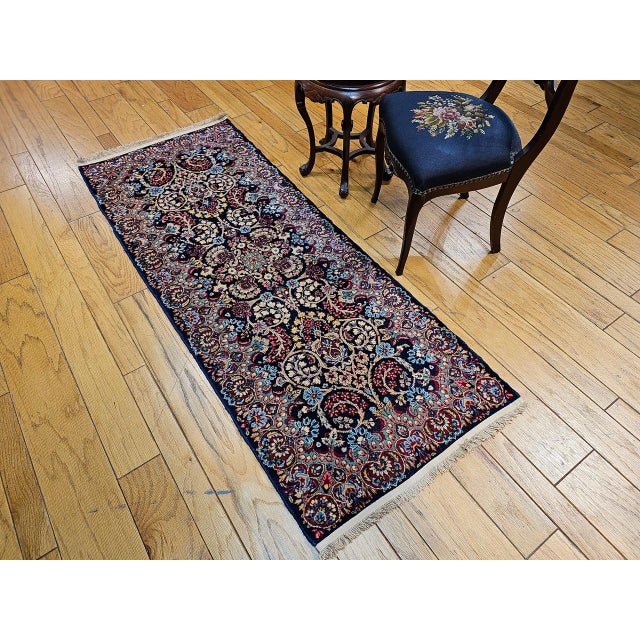 Vintage Persian Kerman Rug, Hand-Knotted Wool, All-Over Floral Garden Pattern, Navy & Ivory, 3x7 For Sale - Image 4 of 16