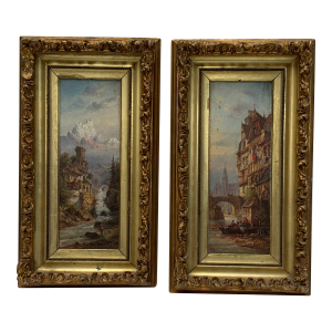 1920s Swiss Mountain and City Scape Paintings ,Oil on Panel Signed v R . Carved Gilt Frames - a Pair