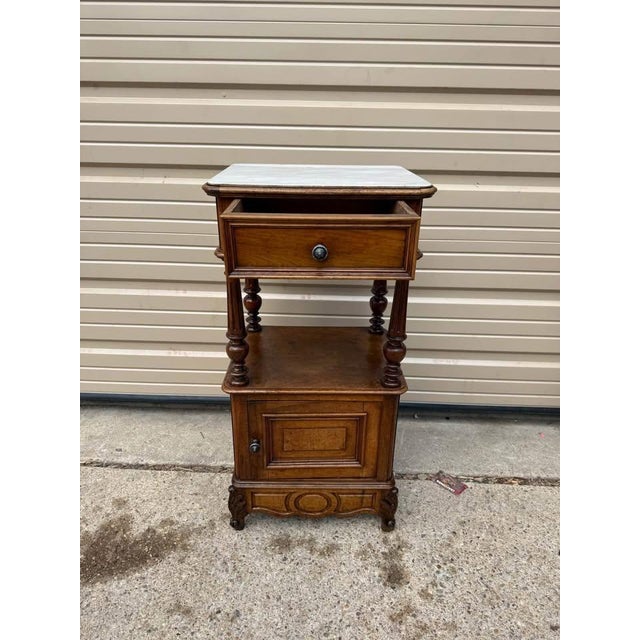 19th Century Antique French Provincial Style Walnut Marble Top Bedside Table. For Sale - Image 4 of 10