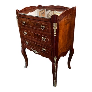 Vintage French Louis XV Style Inlaid Three-Drawer Petite Commode Nightstand For Sale
