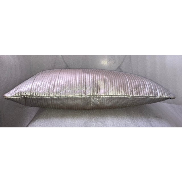 Contemporary Silver Metallic Linear Quilted Vegan Leather Lumbar Pillow Cover For Sale - Image 4 of 4