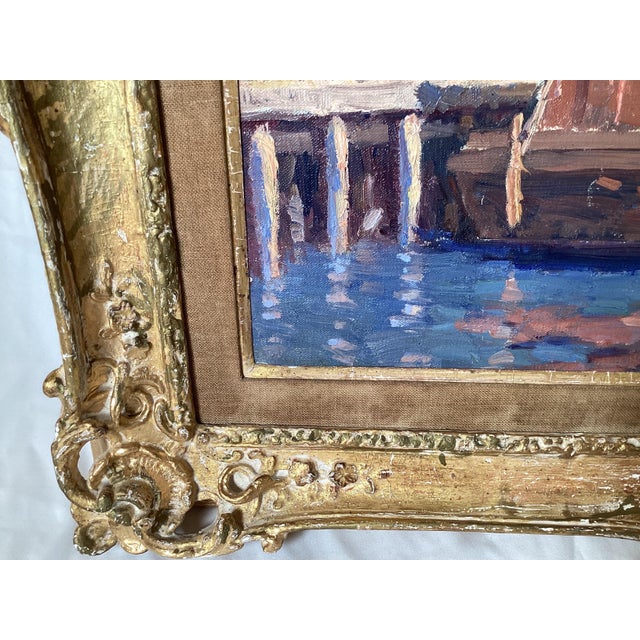 Mid 20th Century Impressionist Oil Painting on Board of City Harbor Scene in Original Frame For Sale - Image 5 of 9