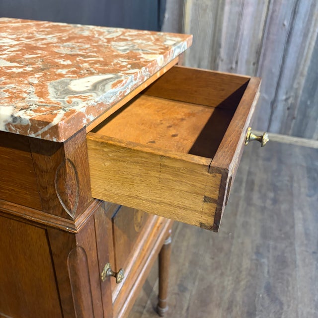 Wood French Louis XVI Revival Oak Marble Top Night Stands -a Pair For Sale - Image 7 of 12