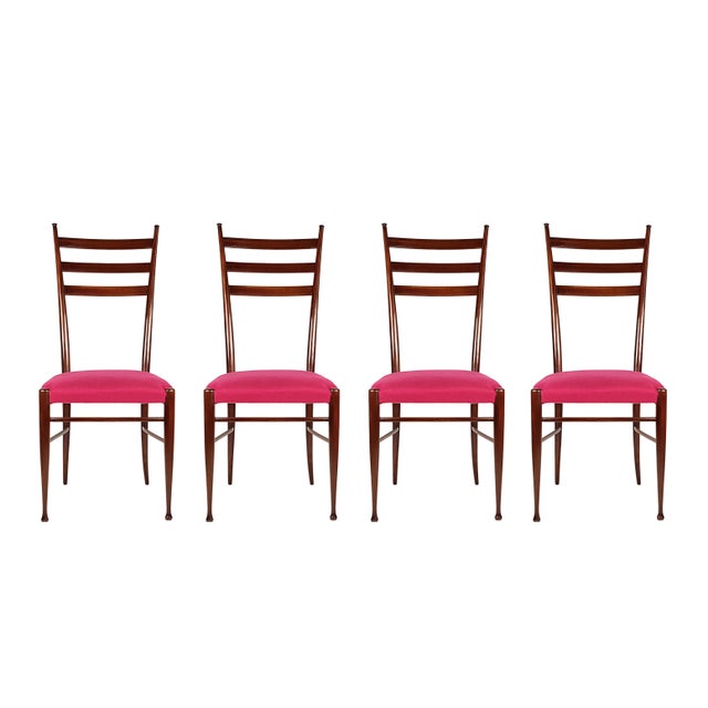 Mid-Century Modern Wood and Magenta Fabric Dining Chairs from Paolo Buffa, 1950s, Set of 4 For Sale - Image 3 of 16
