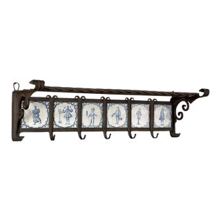 19th Century Dutch Wrought Iron Coat Rack With Delft Tiles For Sale