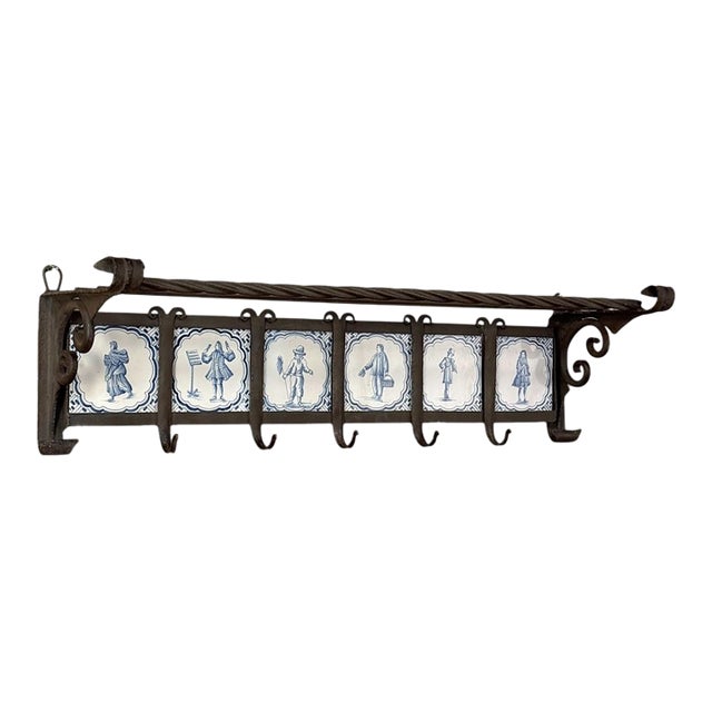 19th Century Dutch Wrought Iron Coat Rack With Delft Tiles For Sale