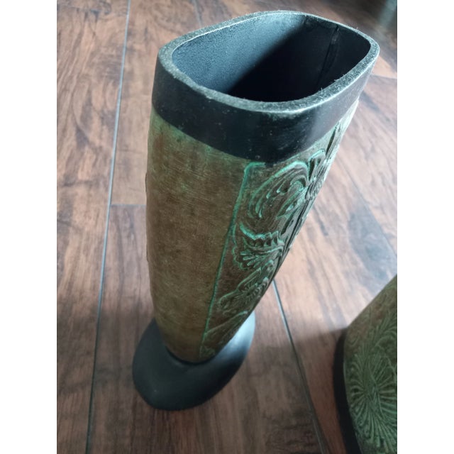 Vintage Floral Engraved Metal Brown/Green/ Black Vases, Made in India - Set of Two For Sale - Image 4 of 8