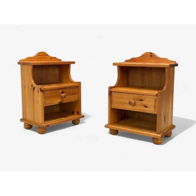 Swedish Mid-Century Modern, Pine, Nightstands, Sweden, 1960s Pair of modernist pine bedside cabinets or end tables...