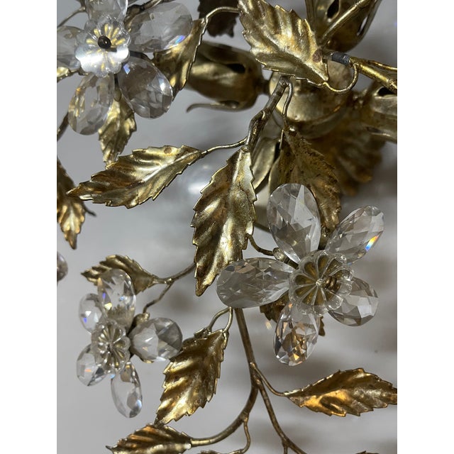 Gold Gilded Tole Crystal Flower Flush Mount, 1970s For Sale - Image 8 of 12