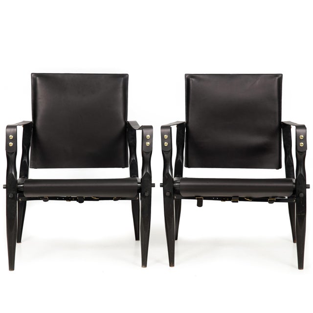 1970s Mid-Century Modern Black Leather “Safari” Chairs Attributed Wilhelm Kienzle- a Pair For Sale - Image 6 of 12