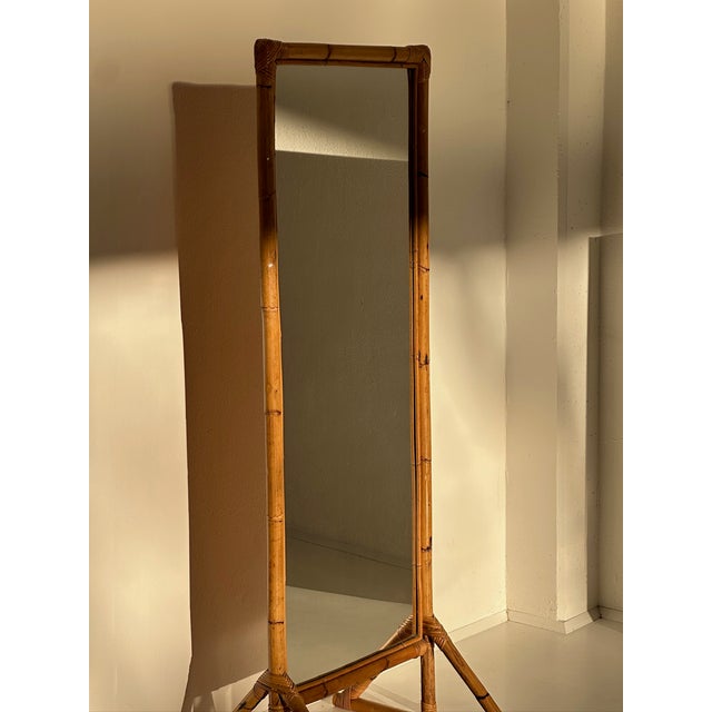 Wood Rectangular Bamboo Rattan Floor Mirror, 1970s For Sale - Image 7 of 10
