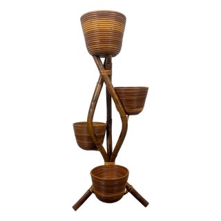 Mid-Century Bamboo Rattan Plant Stand with Baskets, Italy, 1960s For Sale