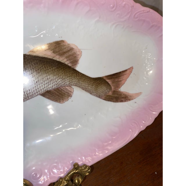 Pink Antique Fish Platter ServeWare . Victorian Porcelain Fish Platter With a Hand-Painted Muskellunge, Circa 1891. 24.5” For Sale - Image 8 of 12