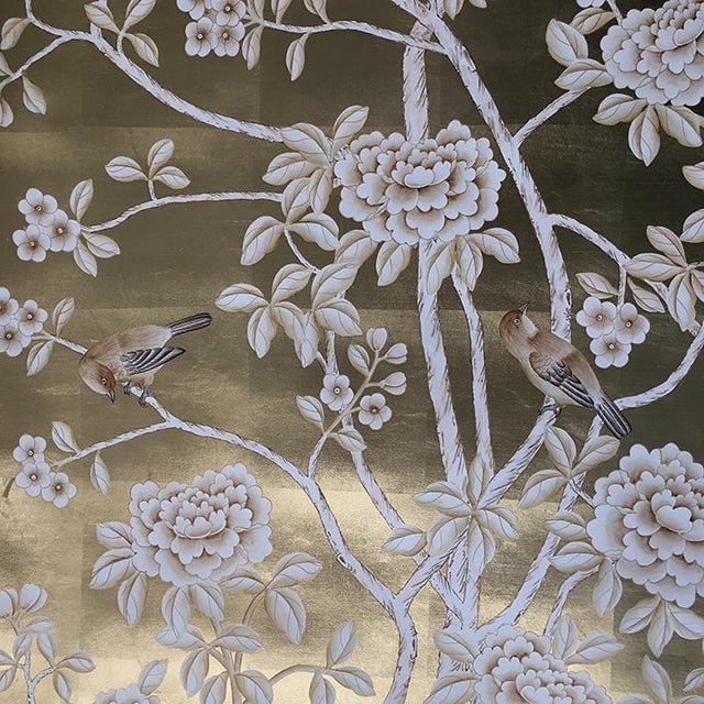 Silver Leaf Chinoiserie Hand-Painted Pale Blue Peony & Bird Wall Panels (Set of 5) For Sale - Image 14 of 15
