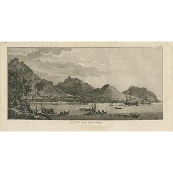 Antique print titled 'Face of Huaheine'. This print depicts Huaheine, one of the Society Islands. Originates from 'Travels...