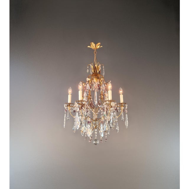 Art Deco 1940s Crystal Chandelier Purple and Bohemian Czech Crystals Floral European Design For Sale - Image 3 of 12
