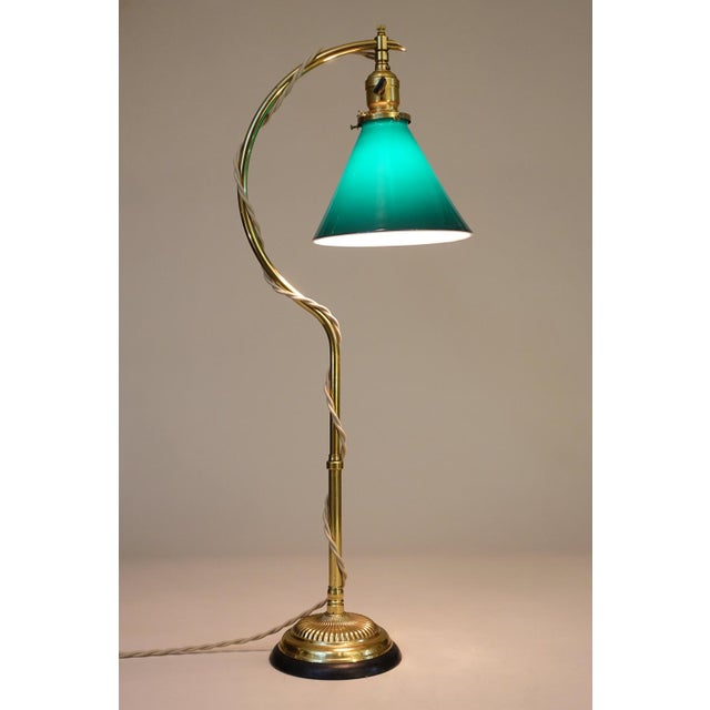 Vintage Faries Industrial Machine Age Brass 'C' Table Emeralite Shade Lamp 1910's Oc White Era Original Pristine Condition For Sale In Los Angeles - Image 6 of 13