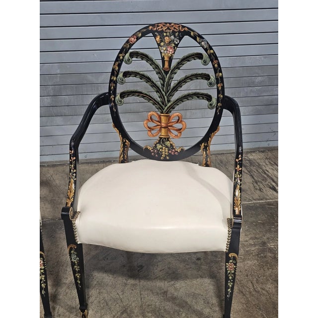 Karges Furniture Late 20th Century Pair of Karges Hepplewhite Plum Arm Chairs Ebonized, Carved Hand Painted Leather Fabric For Sale - Image 4 of 14