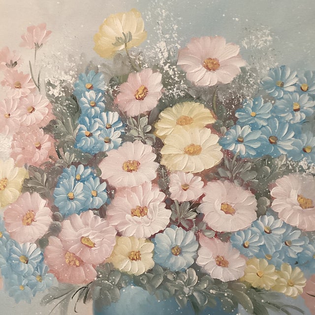 Mid-Century Modern Vintage Still Life Pastel Painting on Canvas “Summer Bouquet in Blue Vase“ Signed Framed For Sale - Image 3 of 12