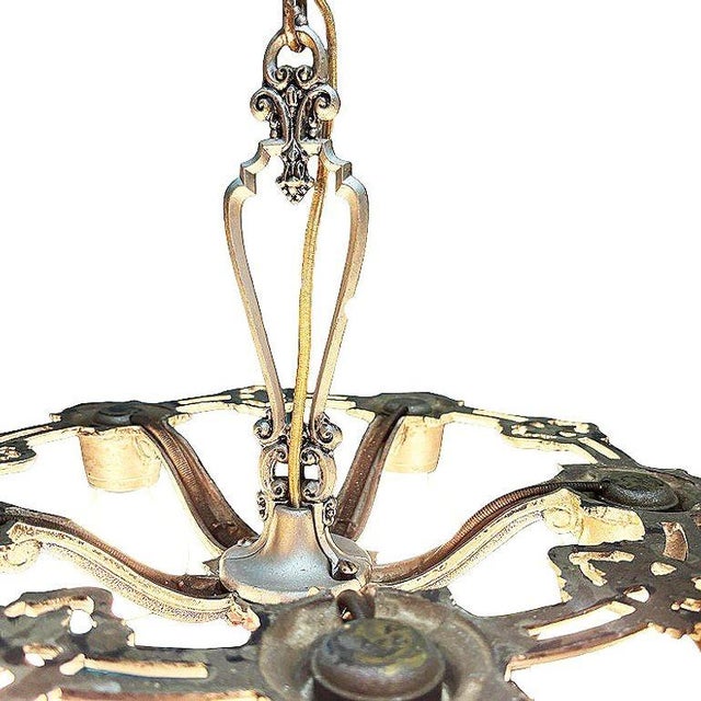 1928 Art Deco Brass Petite Five Light Circular Polychrome Chandelier For Sale In Los Angeles - Image 6 of 11