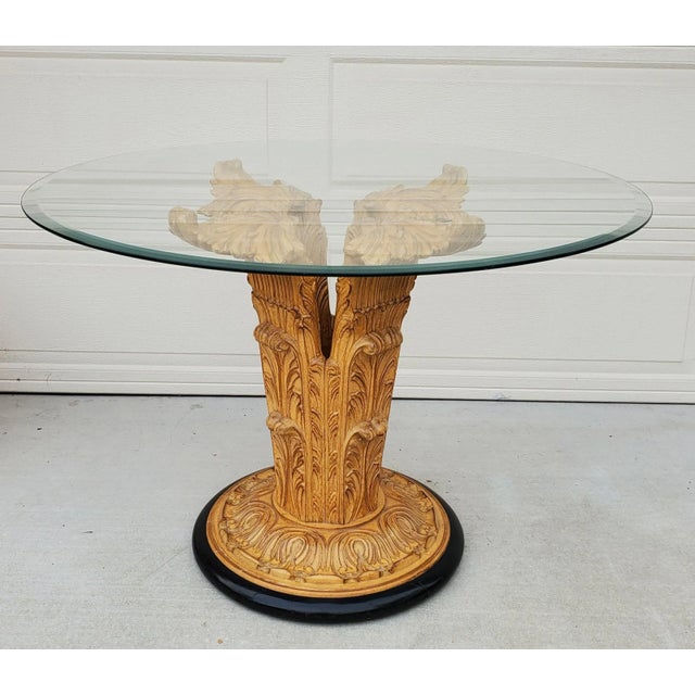 Wood 1980s Vintage Italian Renaissance Acanthus Leaf Ornament and Scroll Design Carved Wood Dining Table With Glass Top For Sale - Image 7 of 13