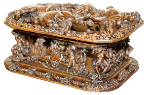 Antique Italian Heavily Carved Box Depicting Stallion Horses, 1840s