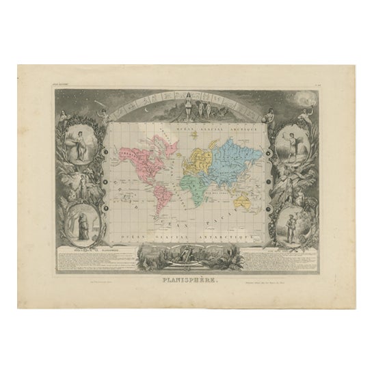 Antique Planisphere World Map, 1845 For Sale