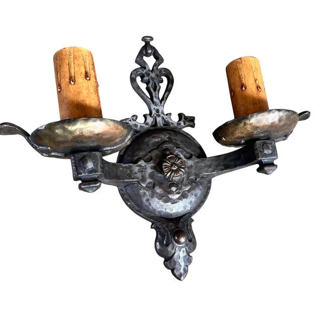 American 1920 Hammered and Mixed Cast Iron and Brass Sconces, Original Patina - a Pair For Sale - Image 3 of 6