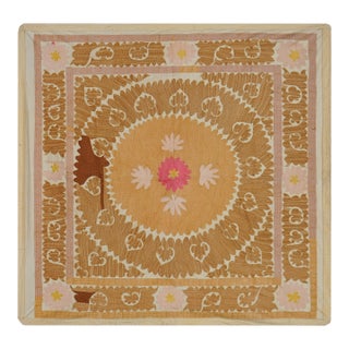 Suzani White Washed Pale Tribal Tapestry - Camel Uzbek Table Cloth 4'3'' X 4'6'' For Sale