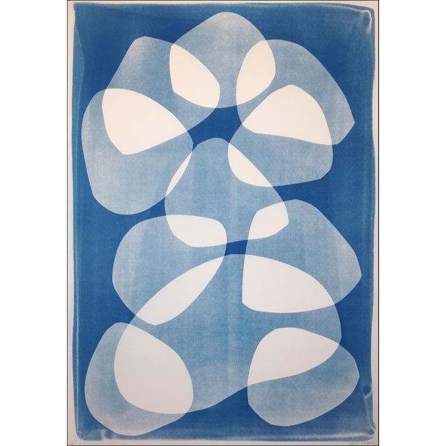 Mid-Century Modern 2026, Mid Century Modern Floating Shapes, Handmade Monotype Cyanotype, Abstract Organic in Blue Tones For Sale - Image 3 of 10