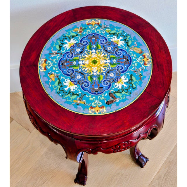 Mid 20th Century Mid 20th Century Chinese Cloisonné Inset Round Rosewood Accent Table With Carved Base For Sale - Image 5 of 12