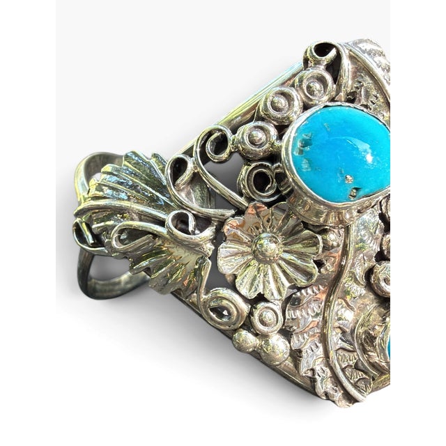 Metal 1980s Harry B. Yazzie Navajo Sterling Silver & Turquoise Floral Cuff Bracelet For Sale - Image 7 of 10