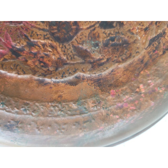 Metal Vintage Persian Hand-Worked Copper Repoussé Wall Charger With Birds & Floral Motif For Sale - Image 7 of 8