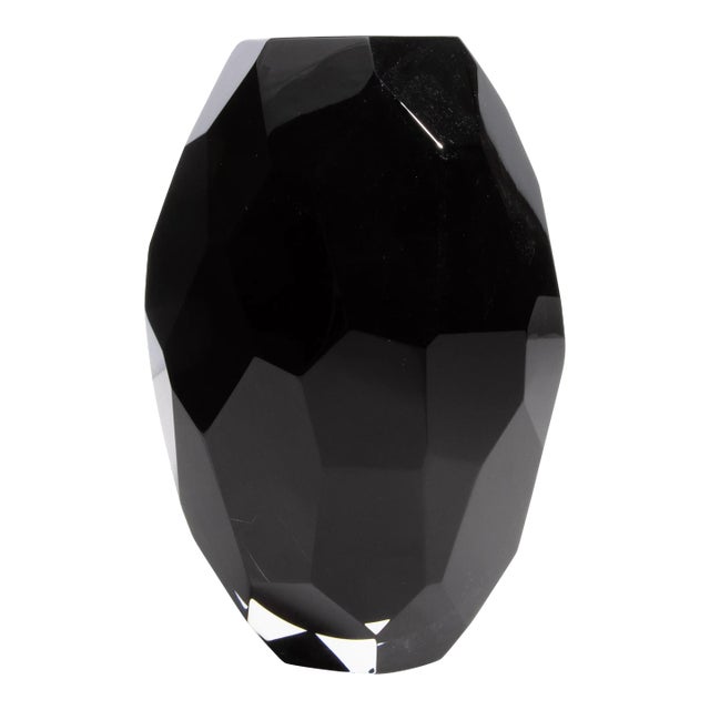 Hand Blown Murano Facet Vase in Onyx Black Medium For Sale