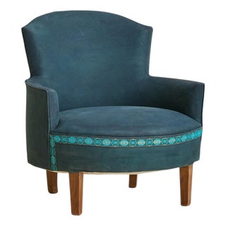 French Art Deco Blue Armchair with Wood Legs, 1940s - 2 Available For Sale