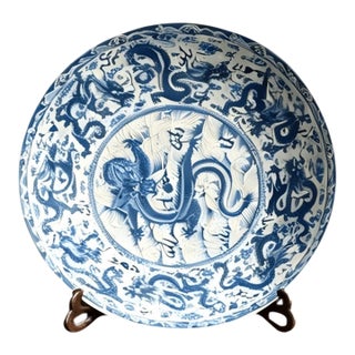 Chinese Ceramic Plate,Qianlong Marked Blue and White Porcelain Plate Hand Painted Dragon Pattern For Sale