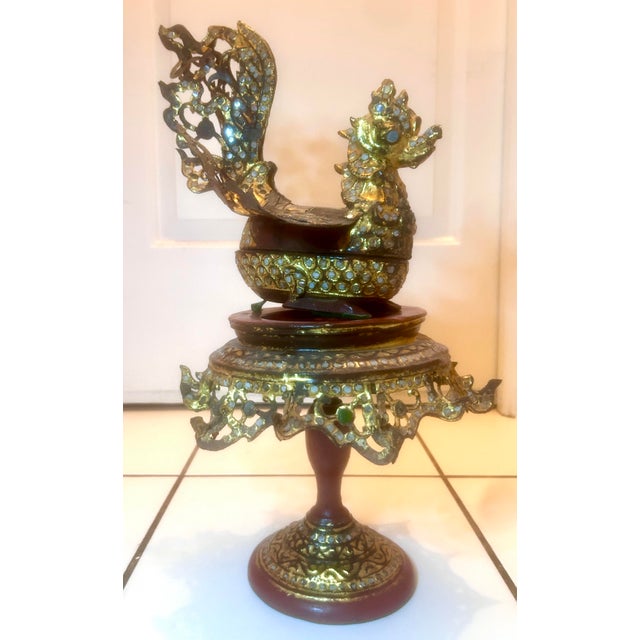 Antique Burmese Hintha Bird-Shaped Betel Gold Lacquered Box on Offering Stand - 3 Pieces For Sale - Image 4 of 12