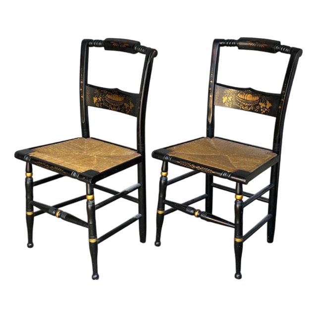 Pair of Antique Hitchcock Style Stenciled Rush Seat Side Chairs For Sale