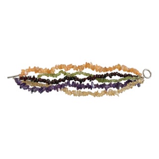 Multi Strand Bracelet, Amethyst, Carnelian Citrine Peridot, Garnet, Sterling Silver Clasp. For Sale