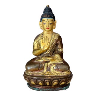 Vintage Amitabha Buddha Abhaya Mudra Golden Copper Figure Seated on Lotus For Sale