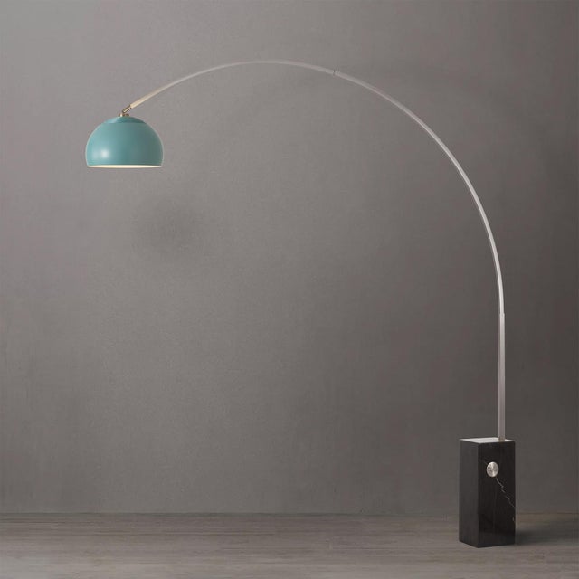 Overhead light without the ceiling work - a pool blue half-dome arc lamp in satin nickel and black marble, 95 inches of...