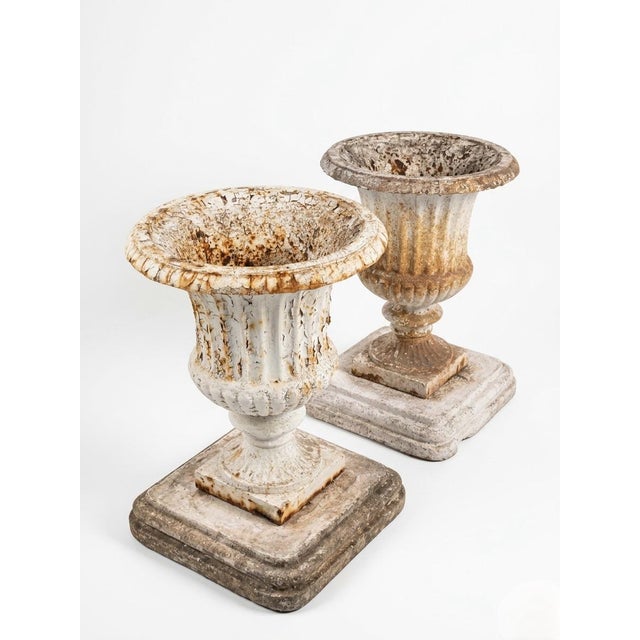 Pair of Vintage Cast Iron Campana Urns on Weathered Cast Stone Bases For Sale - Image 4 of 12