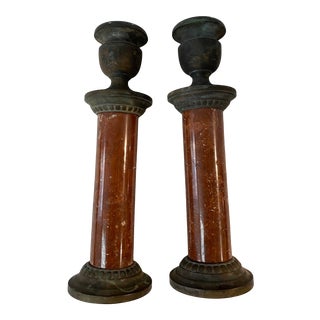 Vintage Sarreid Ltd. Marble & Verdigris Candle Stick Holders- a Pair For Sale